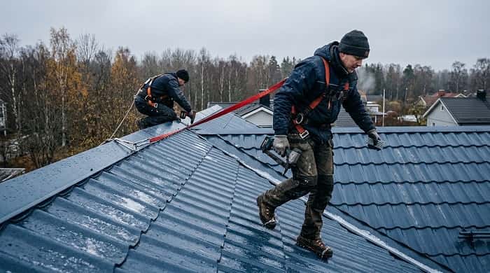 Монтаж металлической кровли осенью: работа на скате